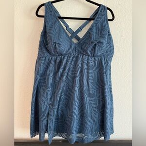 CUPSHE Swimsuit Mesh Hollow Out Cross Back Split Swim Dress Leaf Texture Navy